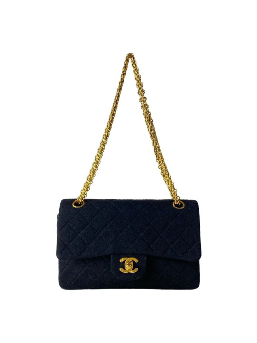 Chanel Shoulder Bag Double Flap Quilted Black Gold Mademoiselle Chain Cotton